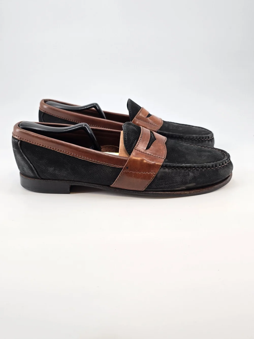 Allen Edmonds Townsend Black Nubuck and Brown Leather Penny Loafers 9.5 B